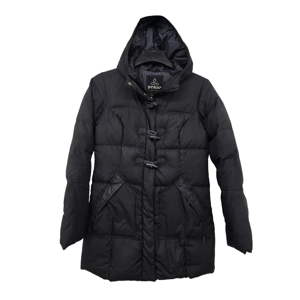 Prana Down Puffer Coat Womens XS Black Hooded Toggle Parka Jacket Outdoor Winter